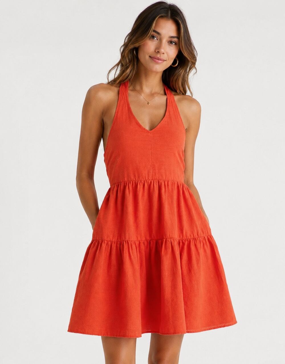 American Eagle Orange Linen Blend Tiered Halter Dress Size Medium Flowy Boho